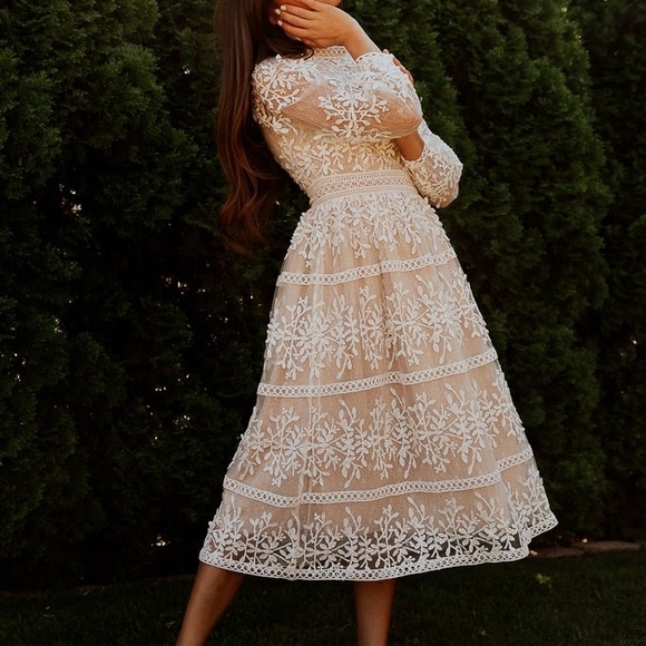 Ivy City Co Sicily White Champagne Floral Lace Midi High Neck Long Sleeve Dress - Picture 8 of 10